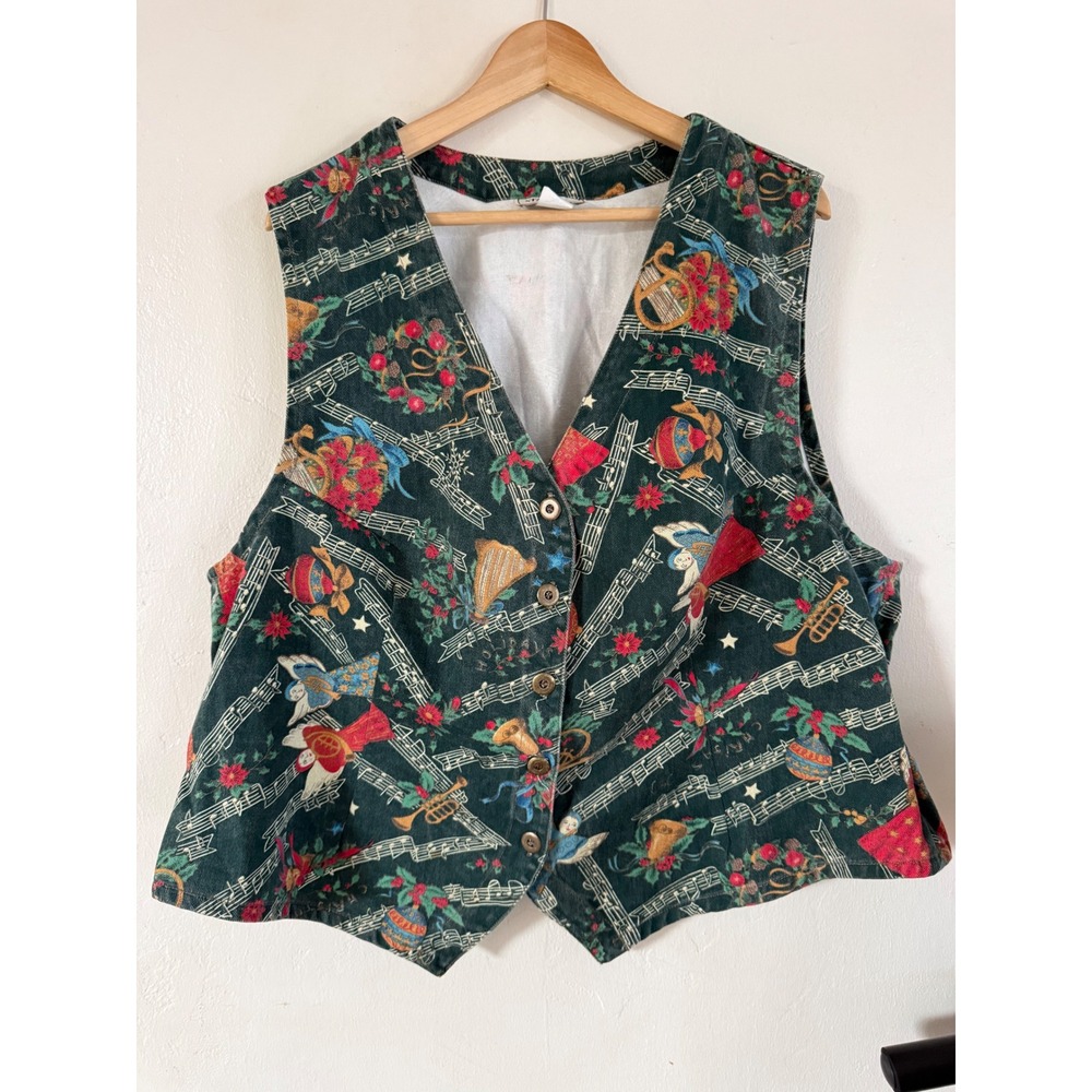 Vintage Stampede Green Musical Angel Christmas Vest 2X Altered